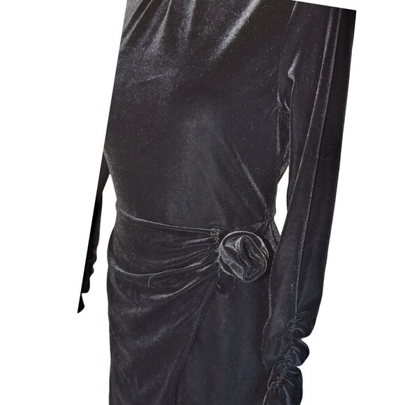 Zara Black Velvet Mini Dress M Long Sleeve Ruched Party Elegant Retro Chic 90s - Picture 5 of 9